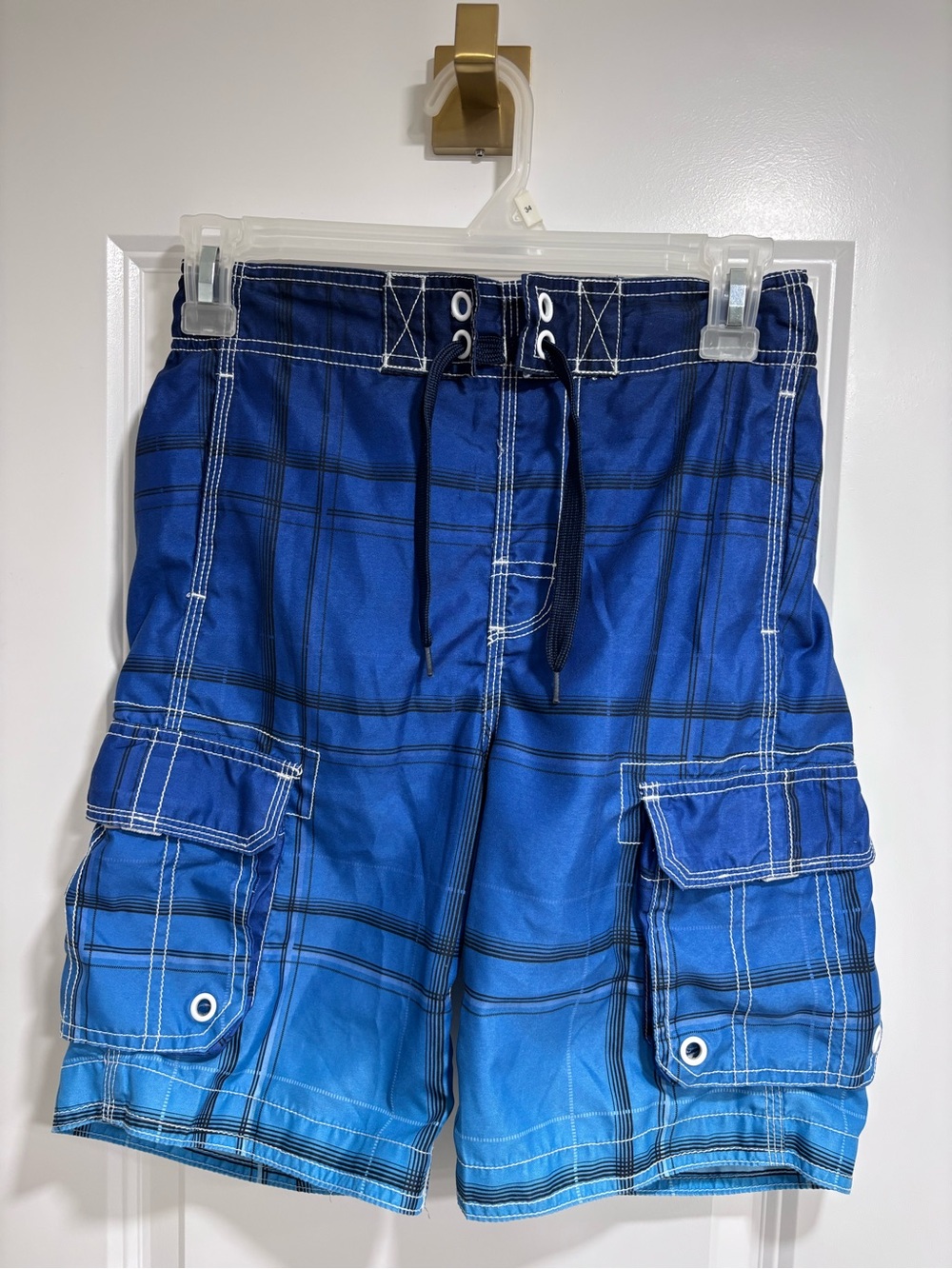 Blue Plaid Cargo Swim Shorts